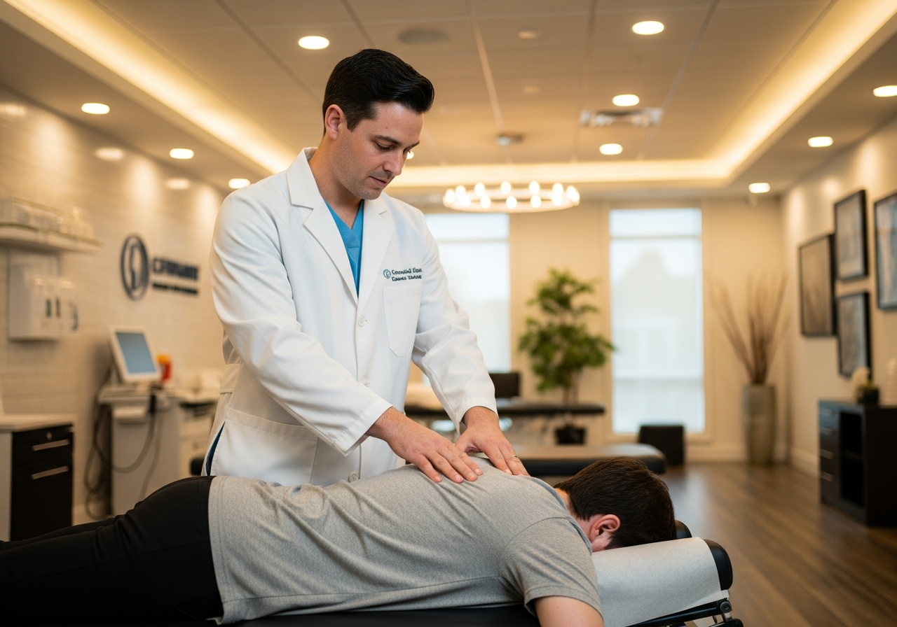 Chiropractor performing spinal adjustment on a patient