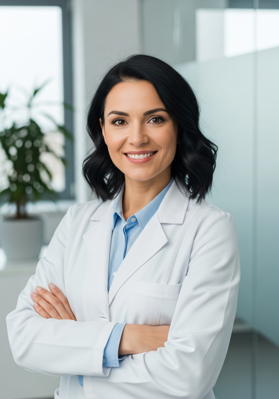 Confident doctor smiling with arms crossed in a modern medical office