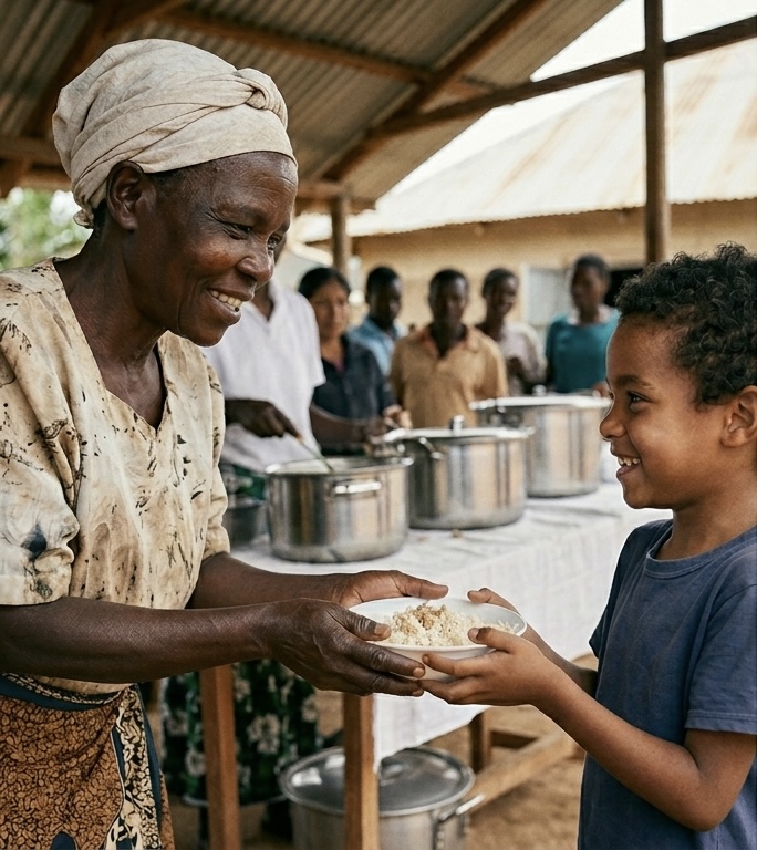 Community member serving a meal to a child