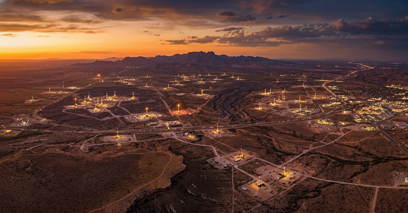 Aerial view of oil and gas drilling operations at sunset
