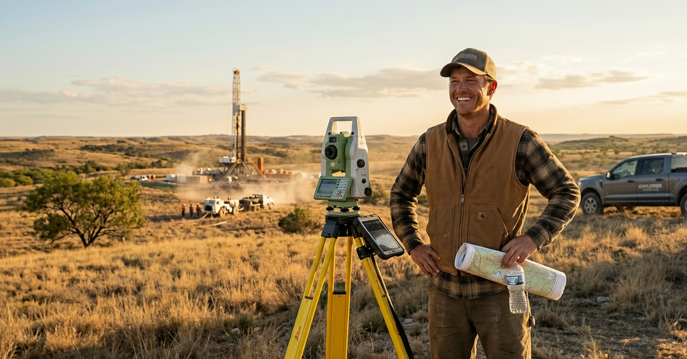 Oil field surveyor with drilling rig in background
