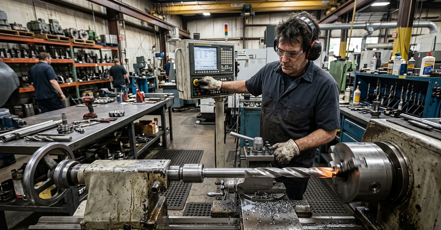 Machinist operating industrial equipment in an oil and gas facility