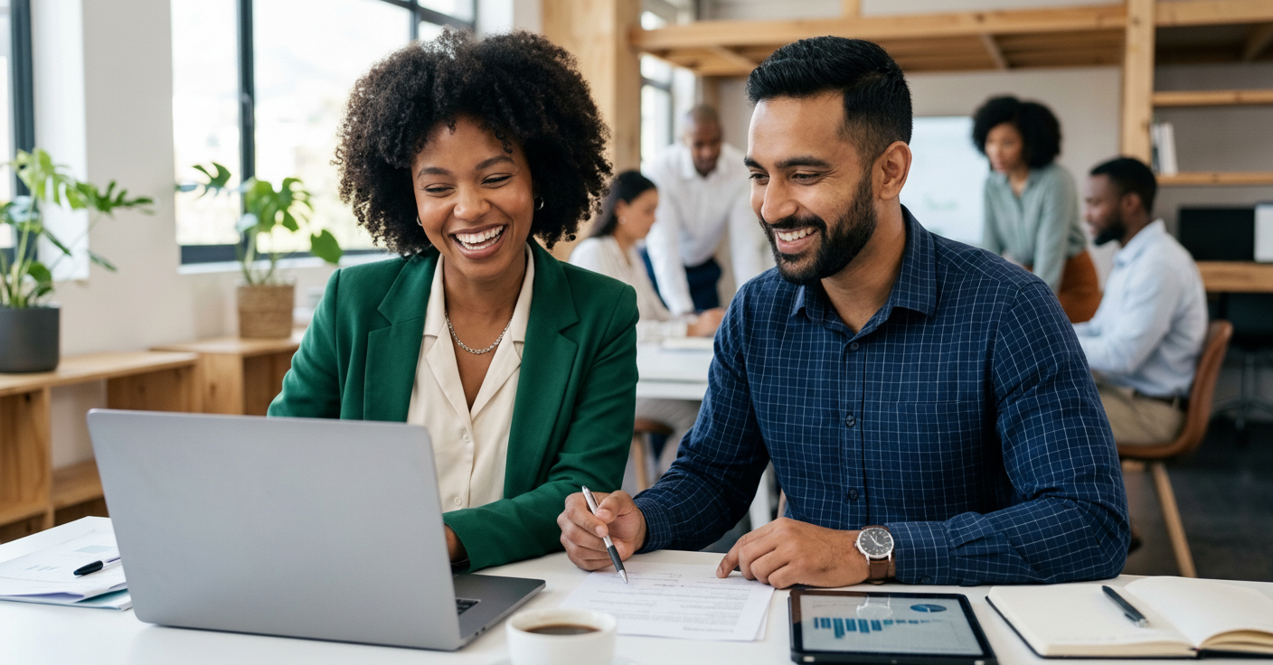 Recruiting professionals collaborating at a laptop in a modern office